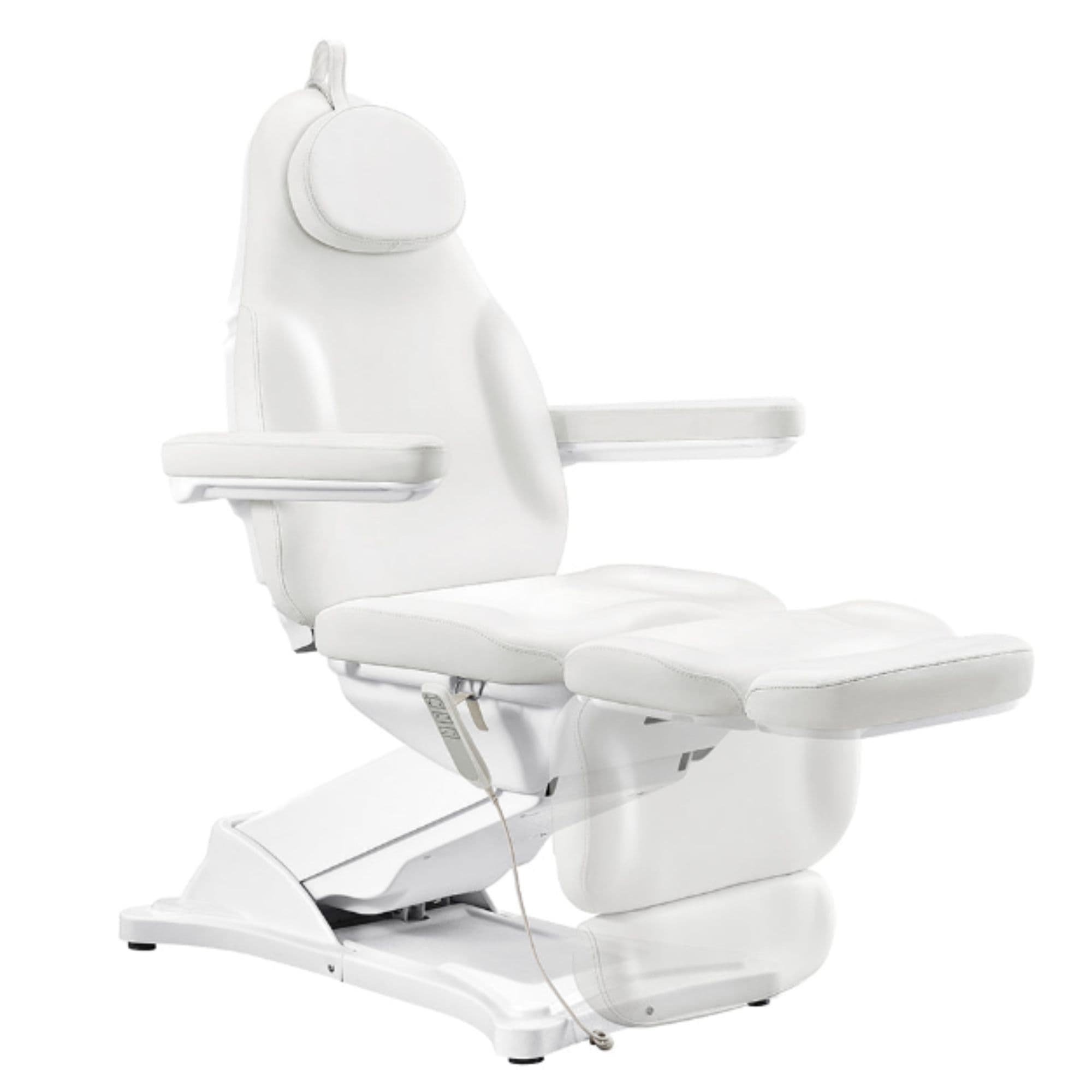 Bellucci 3-Motors Electric Treatment Chair White Side Angled View With Fully Extended Leg Rest On White Background