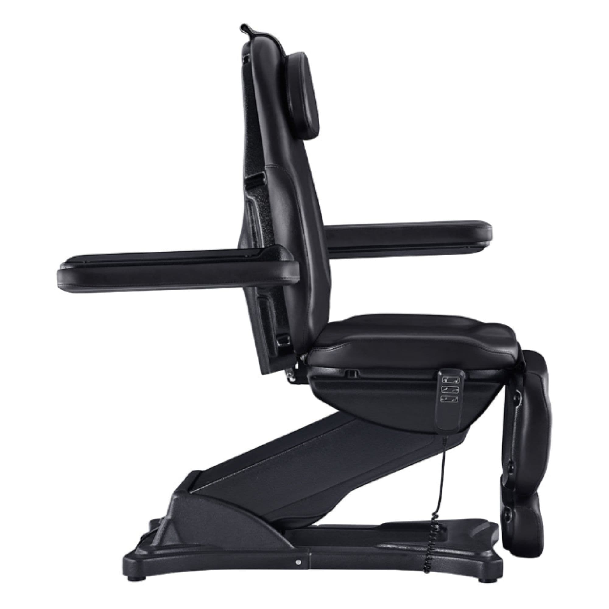 Bellucci Triple-Motor Electric Treatment Chair Black Side View Demonstrating Adjustable Armrest Position On White Background