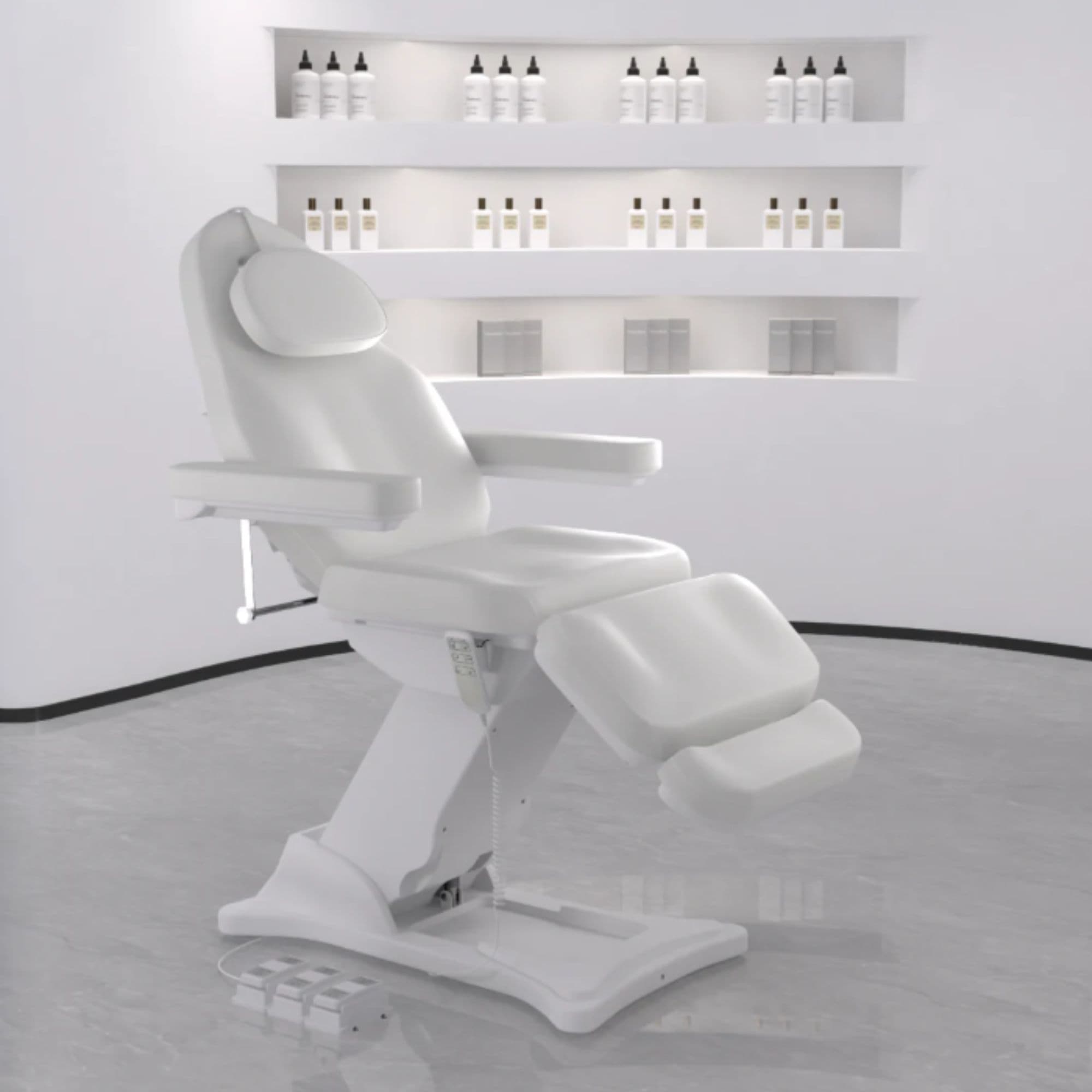 Bellucci Triple-Motor Electric Treatment Chair Front Angled View With White Wall And Product Bottles Displayed In The Background