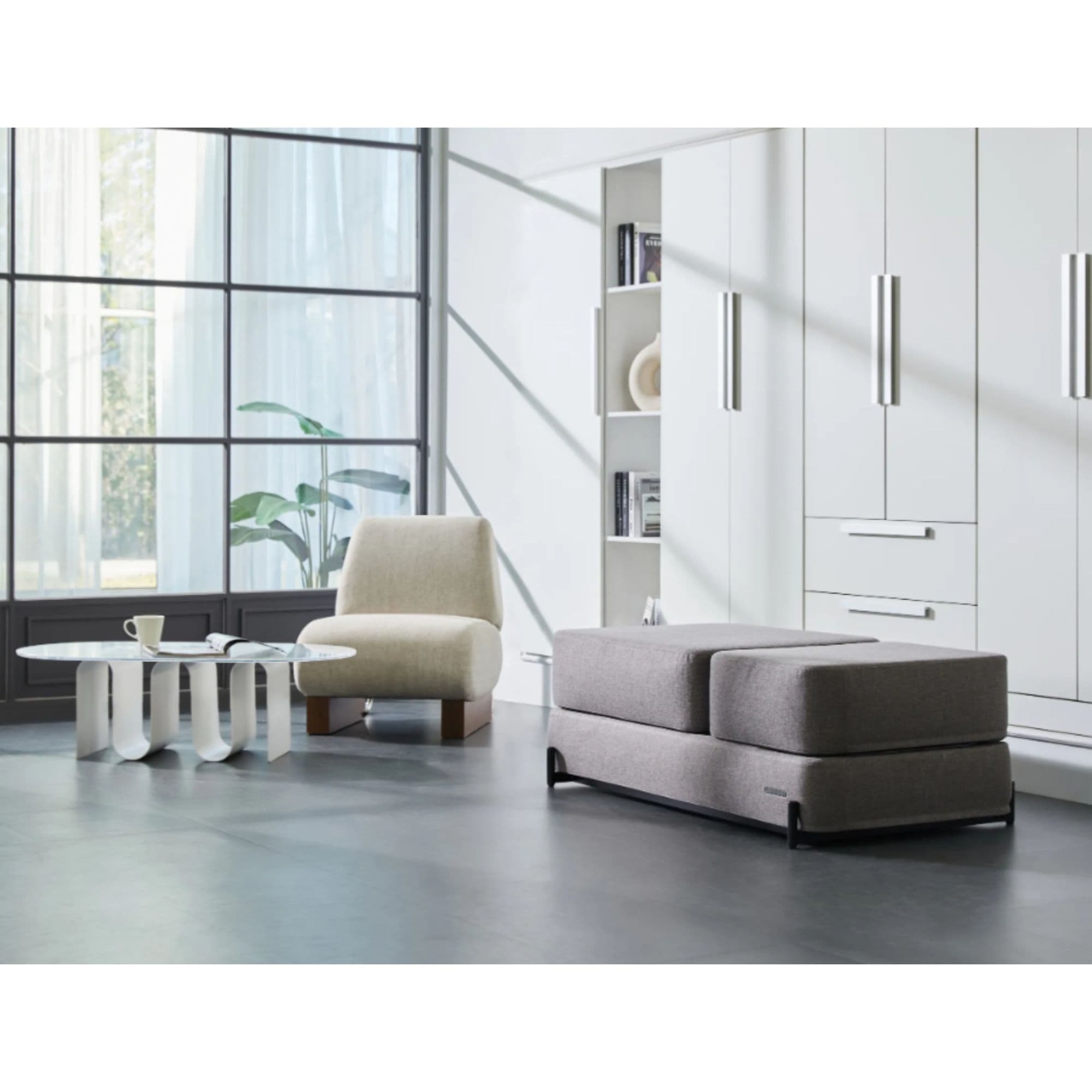 CERAGEM S4 Massage Lounger Gray Variant With Chair And Coffee Table In Minimalist Living Room Setting
