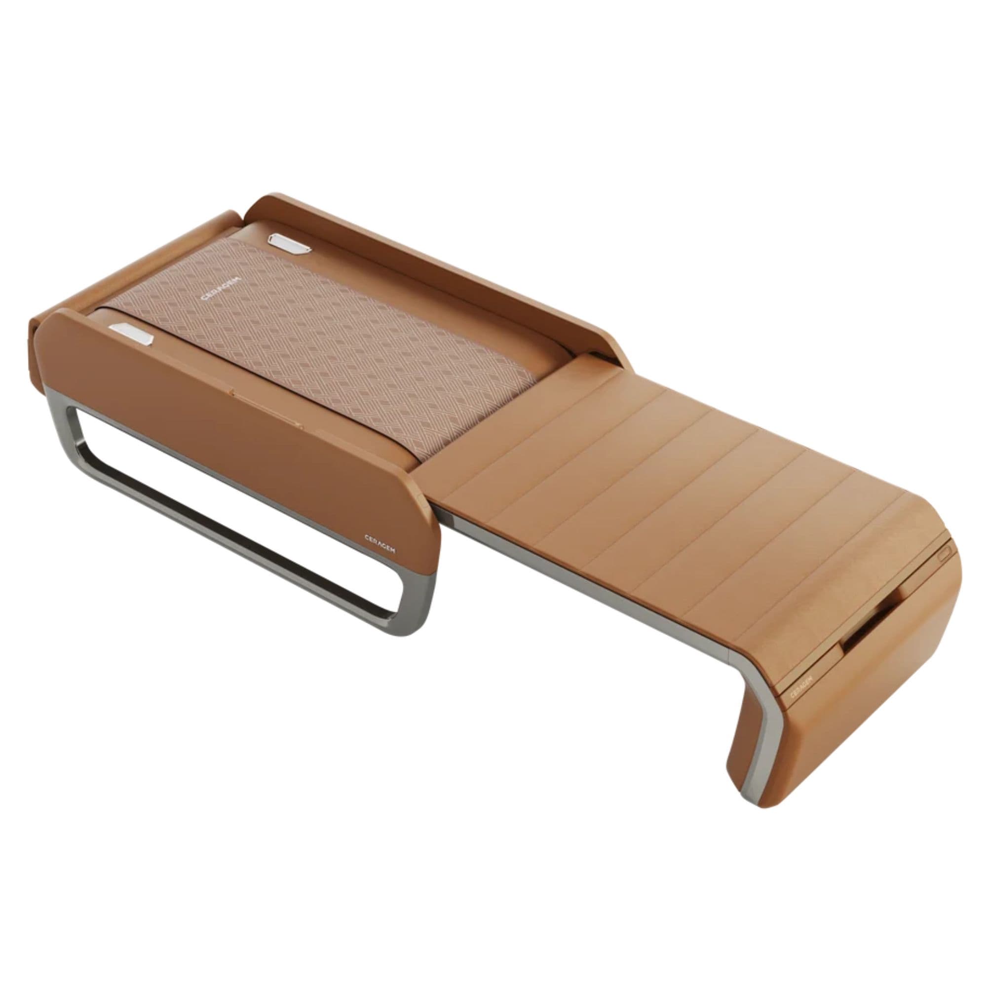 CERAGEM V7 Luxury Core Therapeutic Massage Bed Angled View Fully Extended Of Brown Variant On White