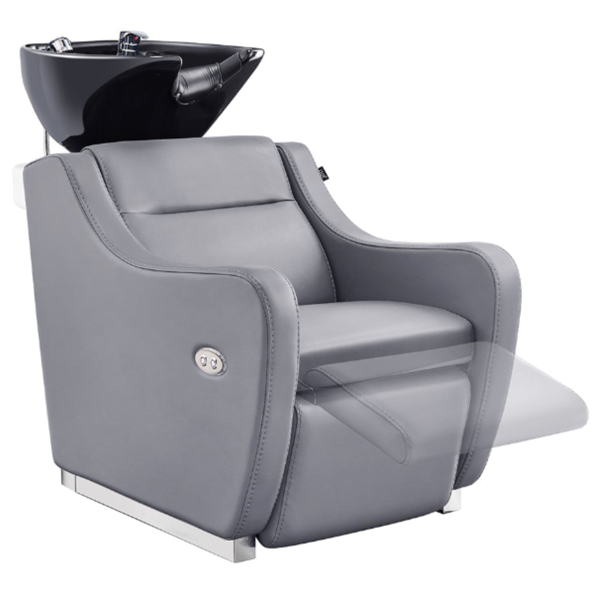 Callisto Electric Shampoo Station Gray Front Angled View Of Black Single Shampoo Wash Station With Blurred Leg Rest Demonstration