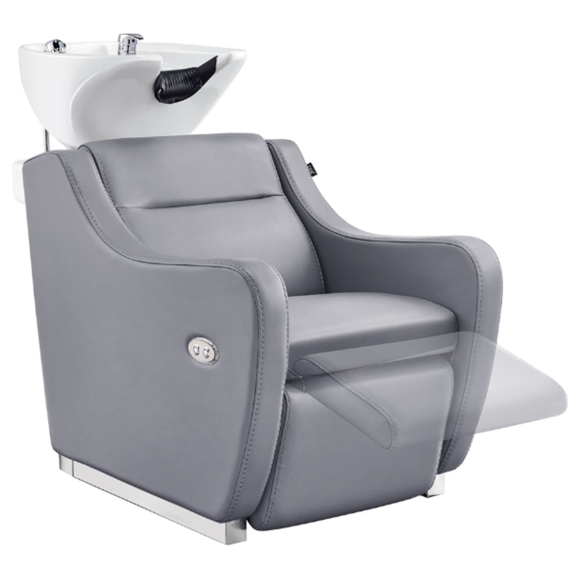 Callisto Electric Shampoo Station Gray Front Angled View Of White Single Shampoo Wash Station With Blurred Leg Rest Demonstration