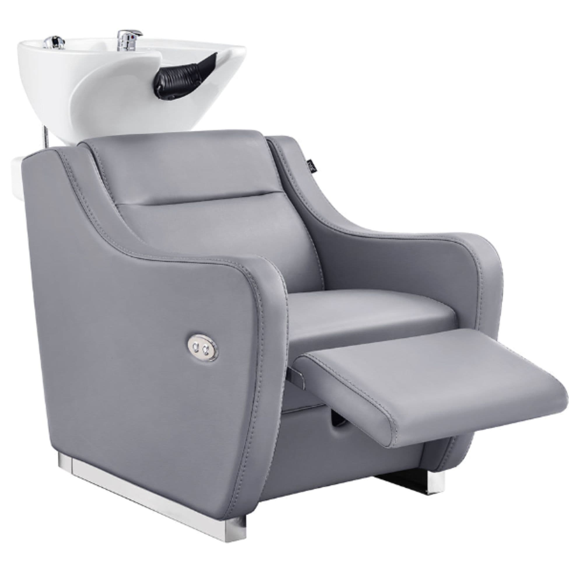 Callisto Electric Shampoo Station Gray Front Angled View Of White Single Shampoo Wash Station With Fully Reclined Leg Rest On White Clean Background