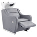 Callisto Electric Shampoo Station Gray Front Angled View Of White Single Shampoo Wash Station With Fully Reclined Leg Rest On White Clean Background