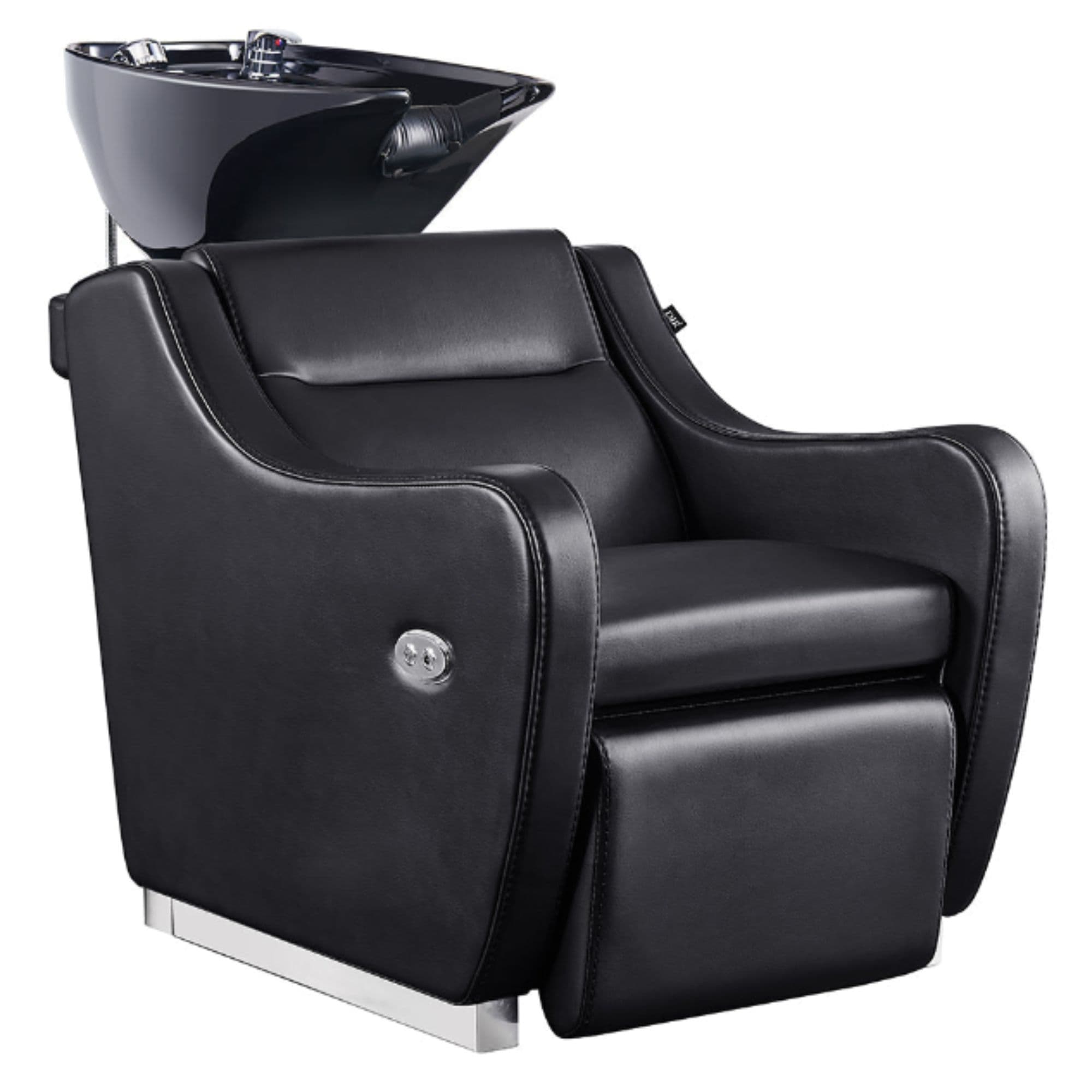 Callisto Motorized Shampoo Backwash Station Black Front Angled View Of Black Single Shampoo Wash Station On White Clean Background