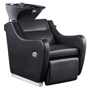 Callisto Motorized Shampoo Backwash Station Black Front Angled View Of Black Single Shampoo Wash Station On White Clean Background