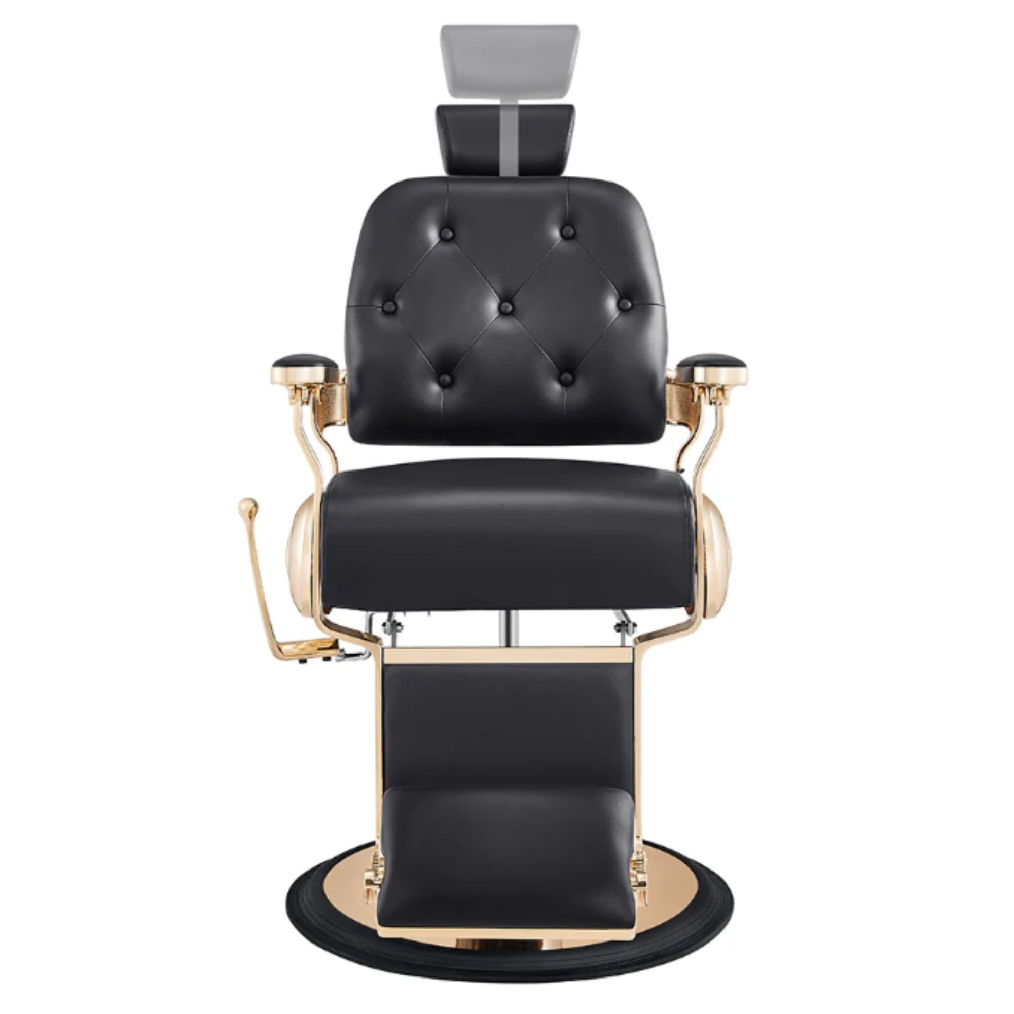 Cavalier Golden Barber Chair Black Variant Front View Demonstrating Pull Out Headrest Range On White Background