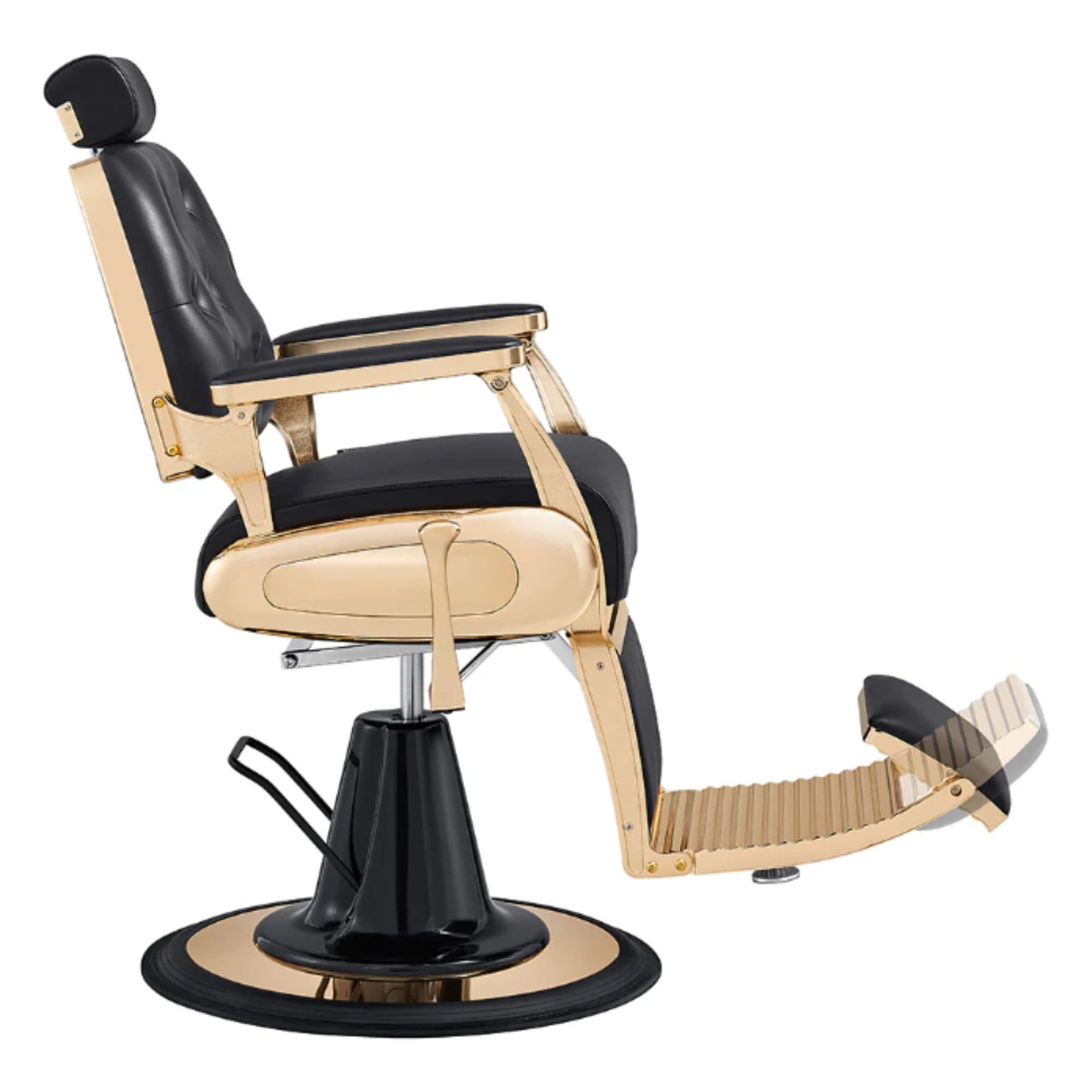Cavalier Golden Barber Chair Black Variant Side View Demonstrating The Swing Range Of Foot Rest Extension On White Background