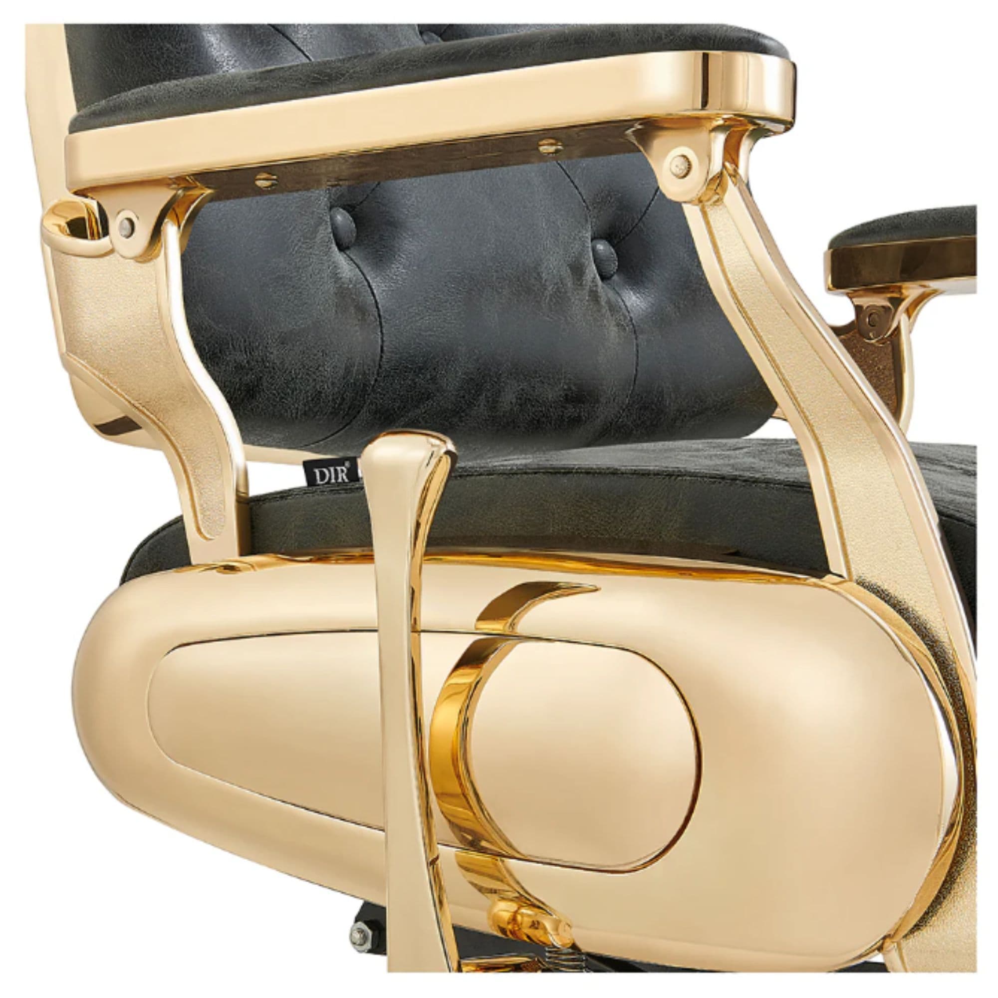 Cavalier Golden Barber Chair Close-Up View Of Decorative Metallic Gold Armrest Support And Vintage Black Upholstered Seat