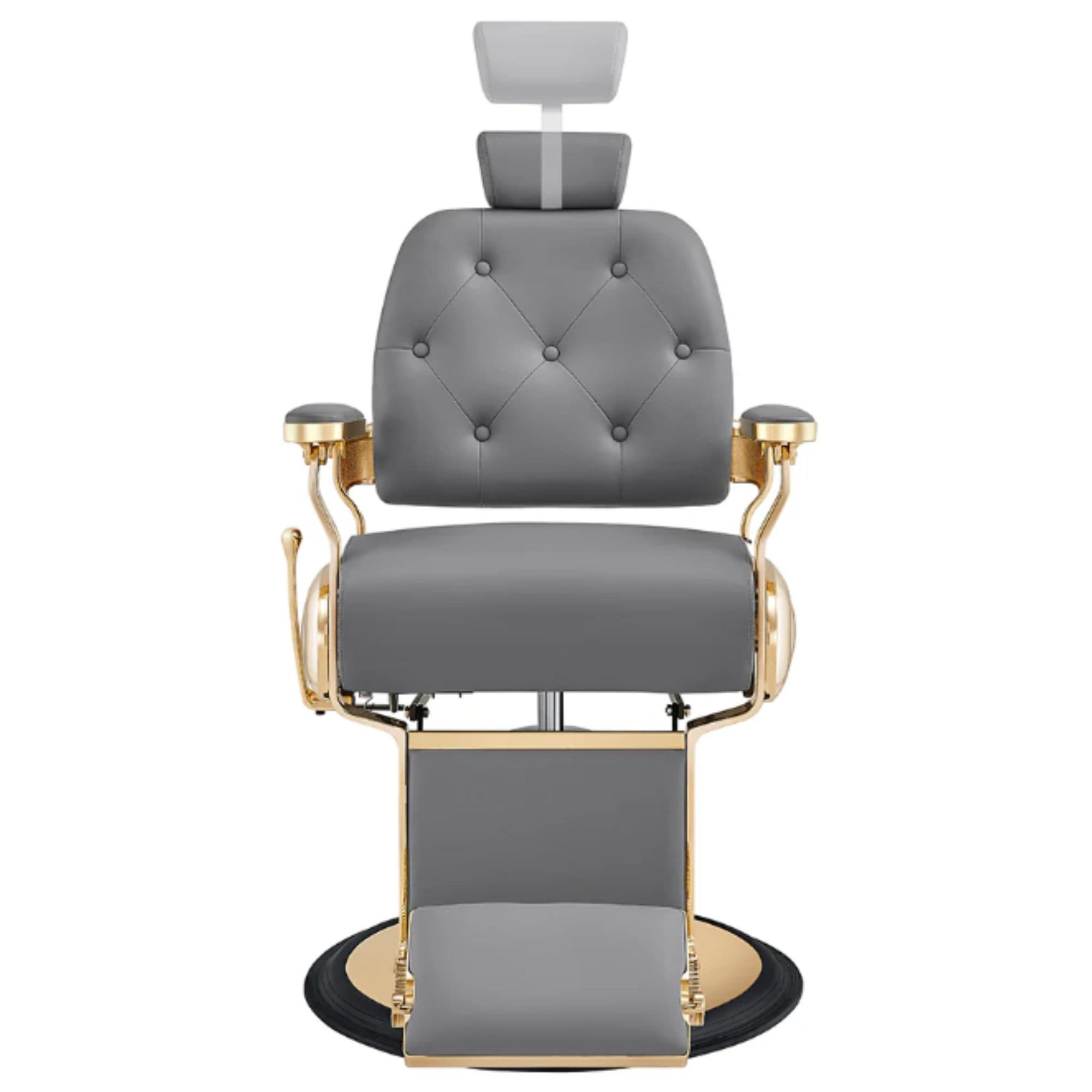 Cavalier Golden Barber Chair Gray Variant Front View Demonstrating Pull Out Headrest Range On White Background