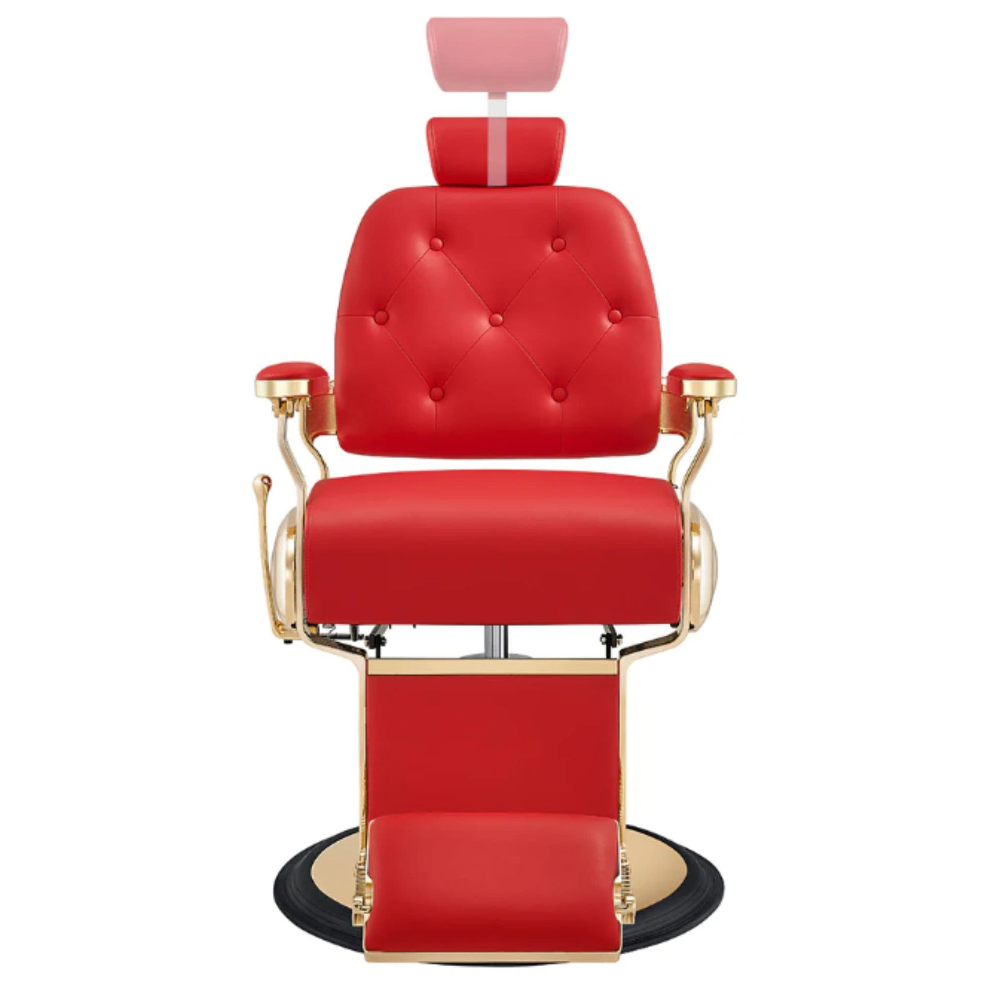 Cavalier Golden Barber Chair Red Variant Front View Demonstrating Pull Out Headrest Range On White Background
