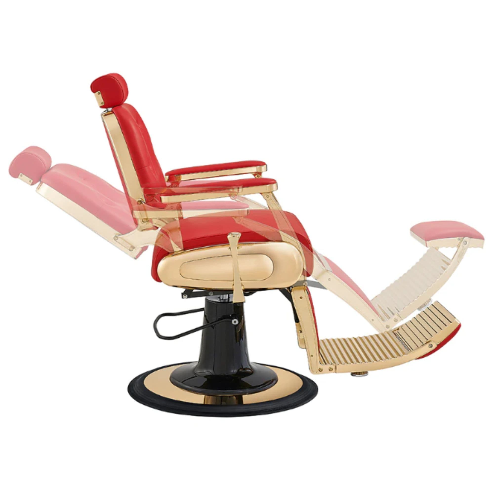 Cavalier Golden Barber Chair Red Variant Side View Demonstrating Swing Adjustment On White Background