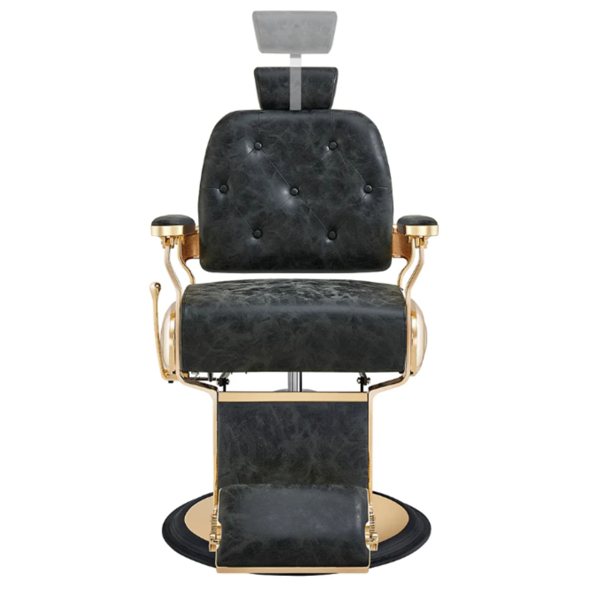 Cavalier Golden Barber Chair Vintage Black Variant Front View Demonstrating Pull Out Headrest Range On White Background
