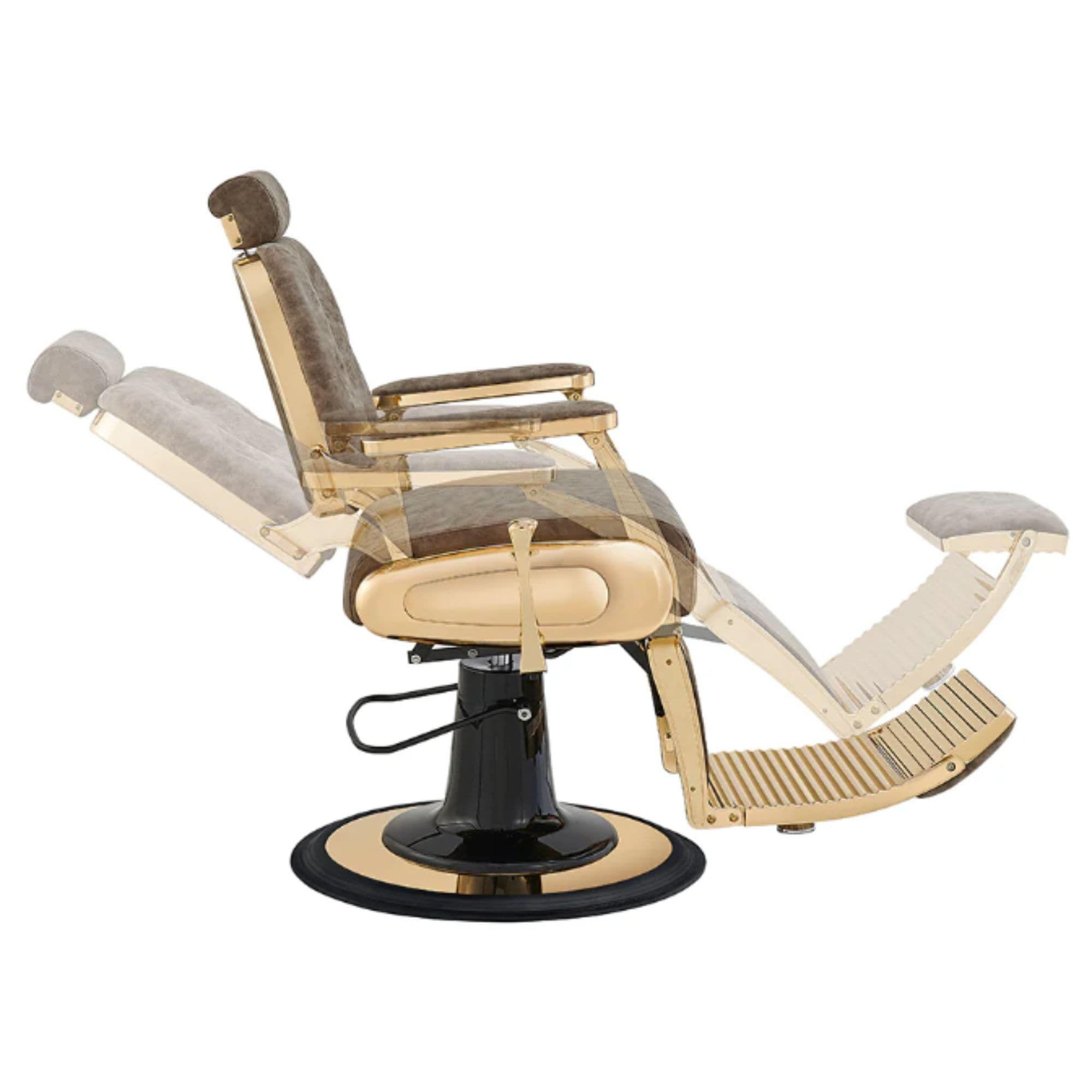 Cavalier Golden Barber Chair Vintage Brown Variant Side View Demonstrating Swing Adjustment On White Background