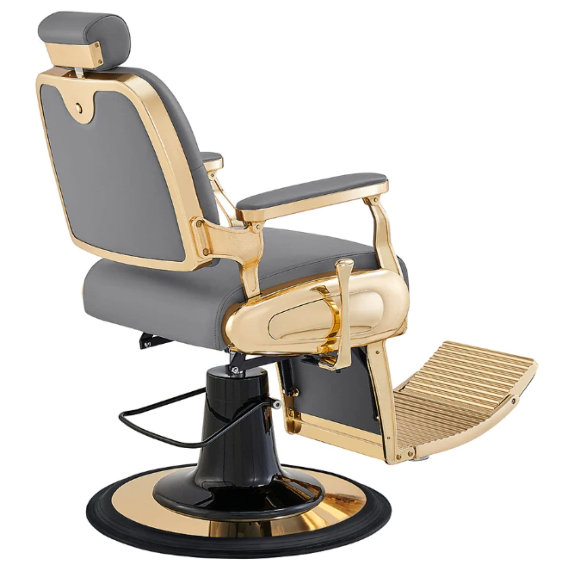 Cavalier Luxury Golden Barbershop Chair Gray Variant Rear Angled View On White Background