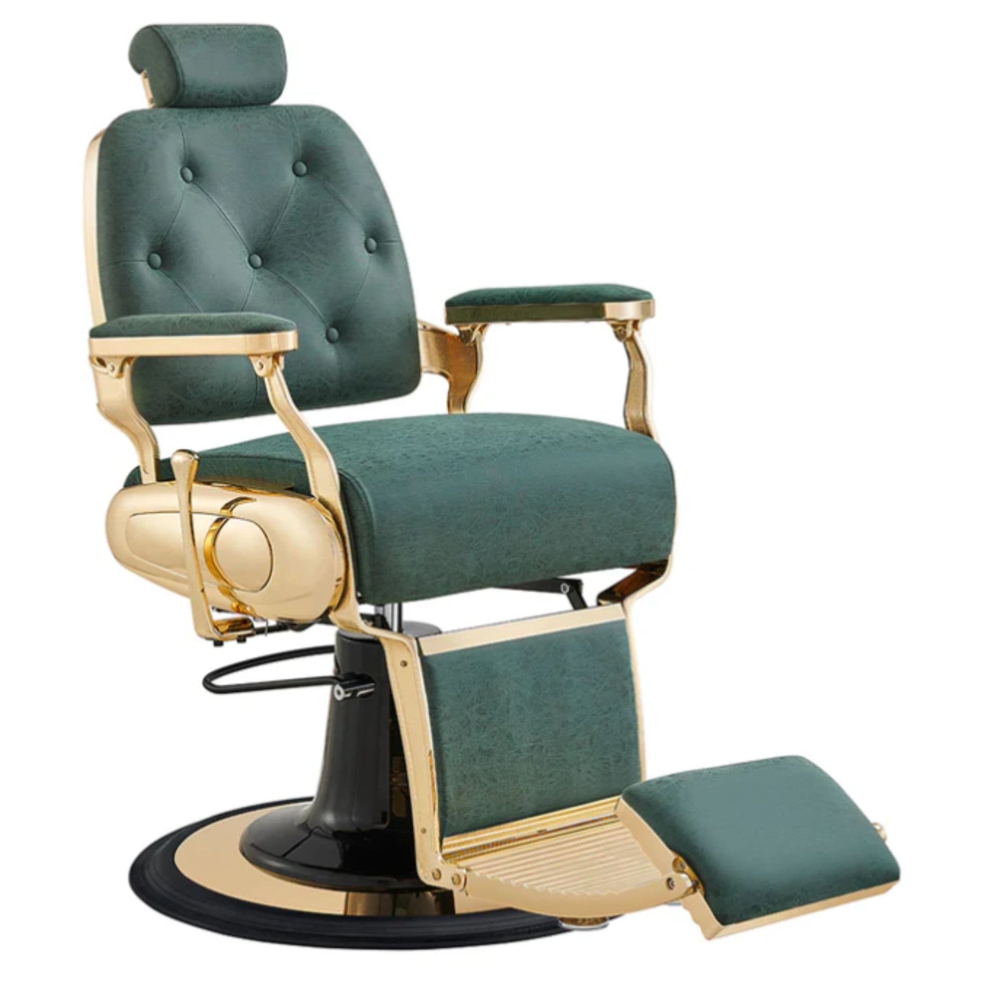 Cavalier Luxury Golden Barbershop Chair Vintage Green Variant Front Angled View On White Background