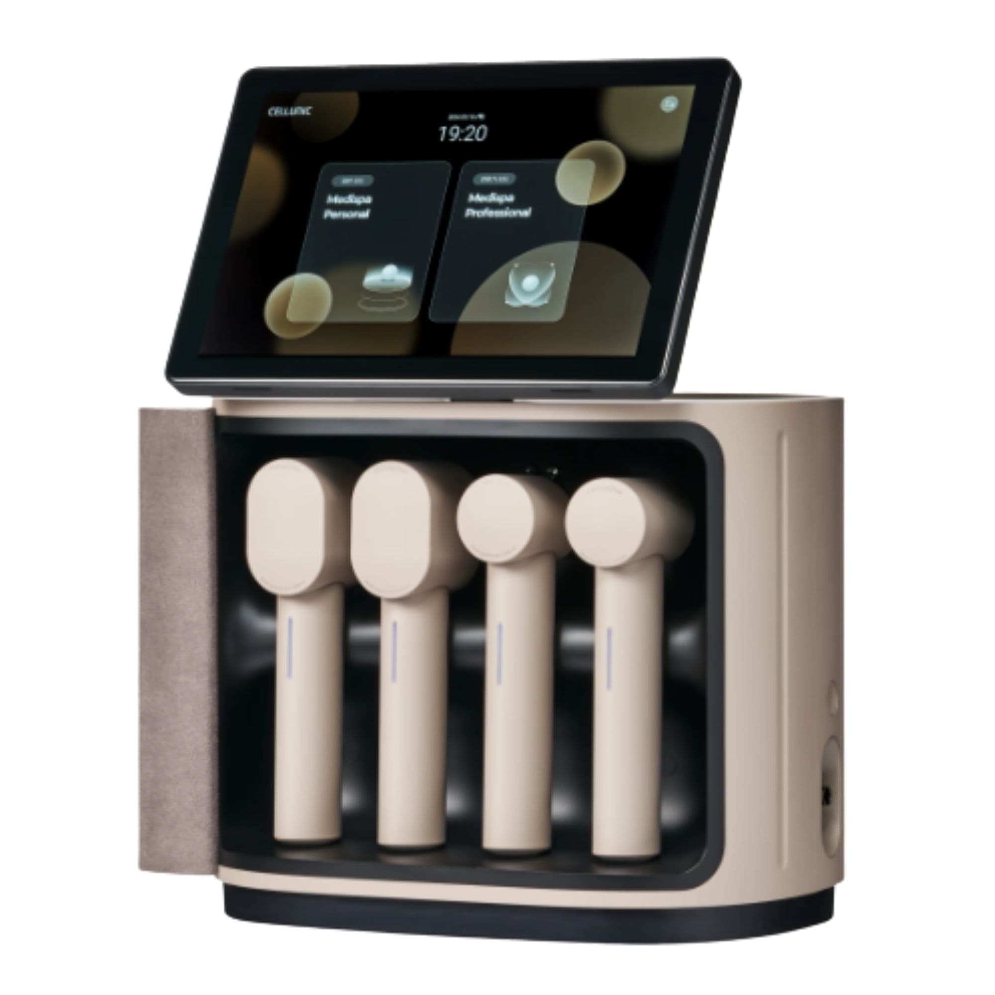 Ceragem MediSpa Pro Home Facial Device Massagers Stored In Their Charging Unit With The Touchscreen Display Above On White Background