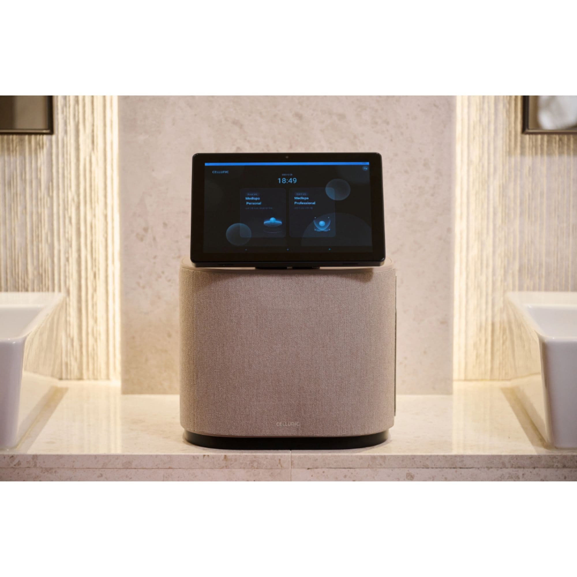 Ceragem MediSpa Pro Skincare System Displayed Between The Two Bathroom Sink