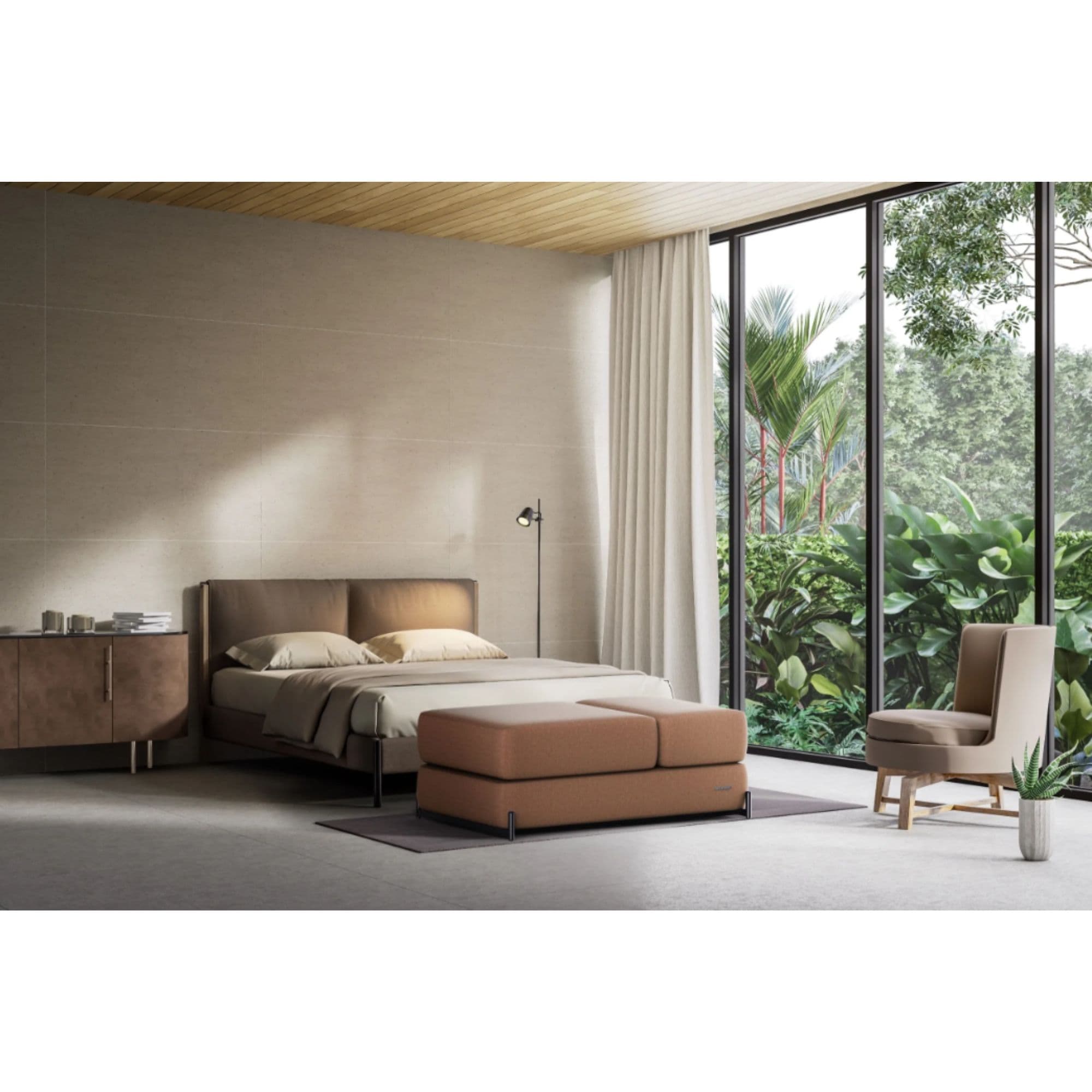Ceragem S4 Brown Variant At The Foot Of Bed In Spacious Nature-Inspired Bedroom