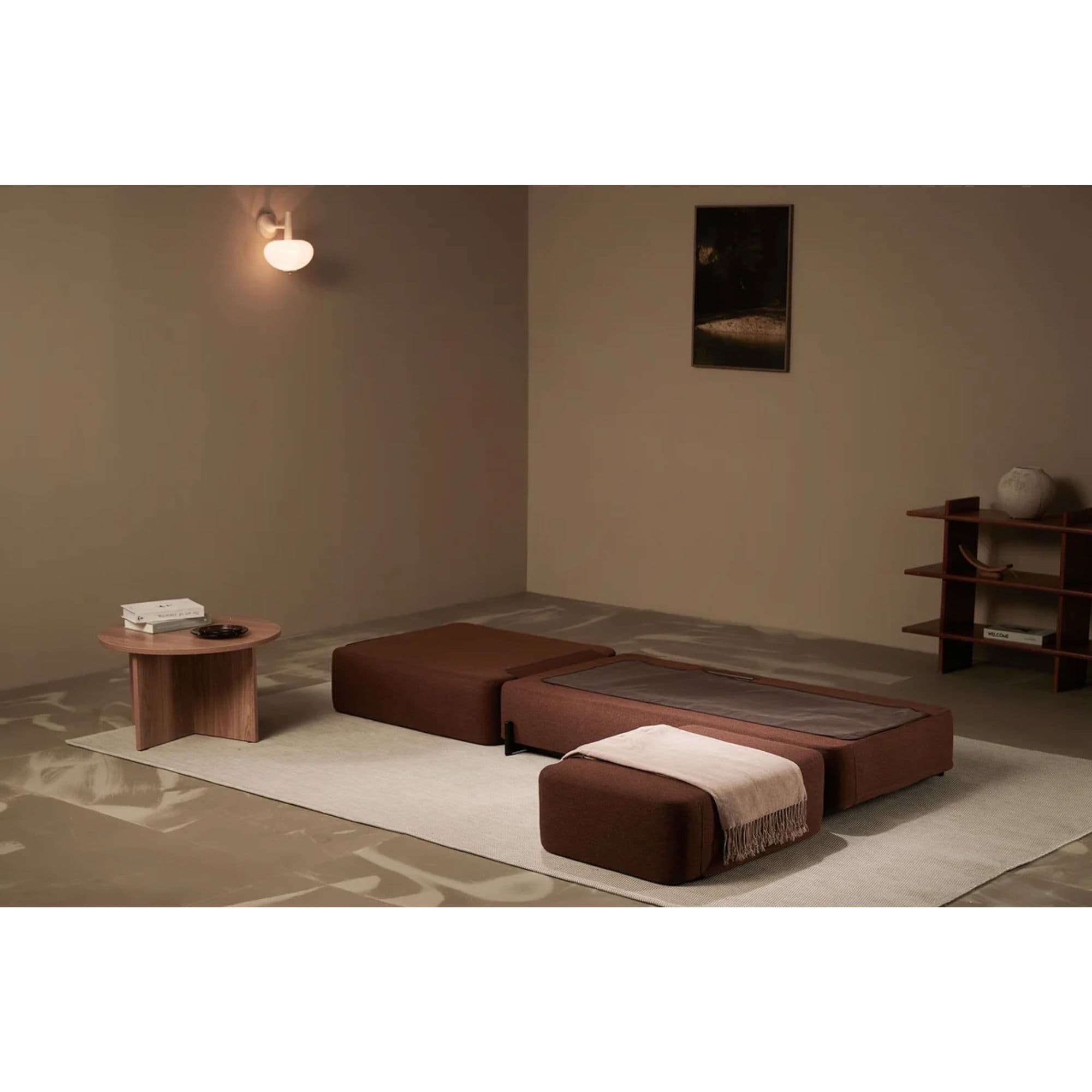 Ceragem S4 Therapeutic Massage Lounger Brown Variant With Side Table And Decoration In Fully Extended Bed Mode