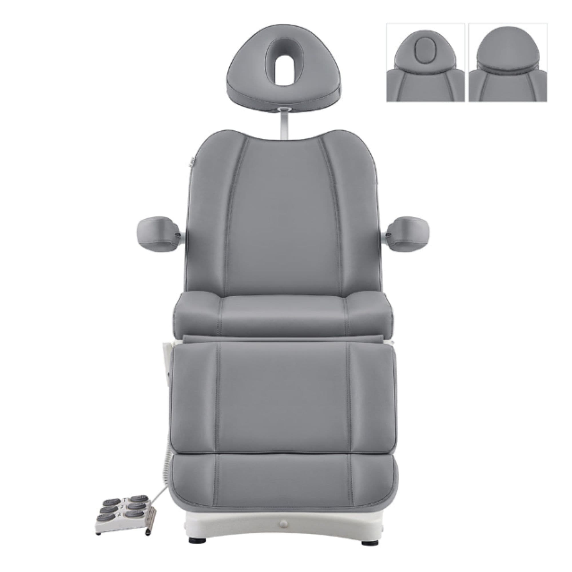 DIR Ink 3-Motors Medical Spa Chair Gray Variant Front View With Pulled out Headrest And Different Options On White Background