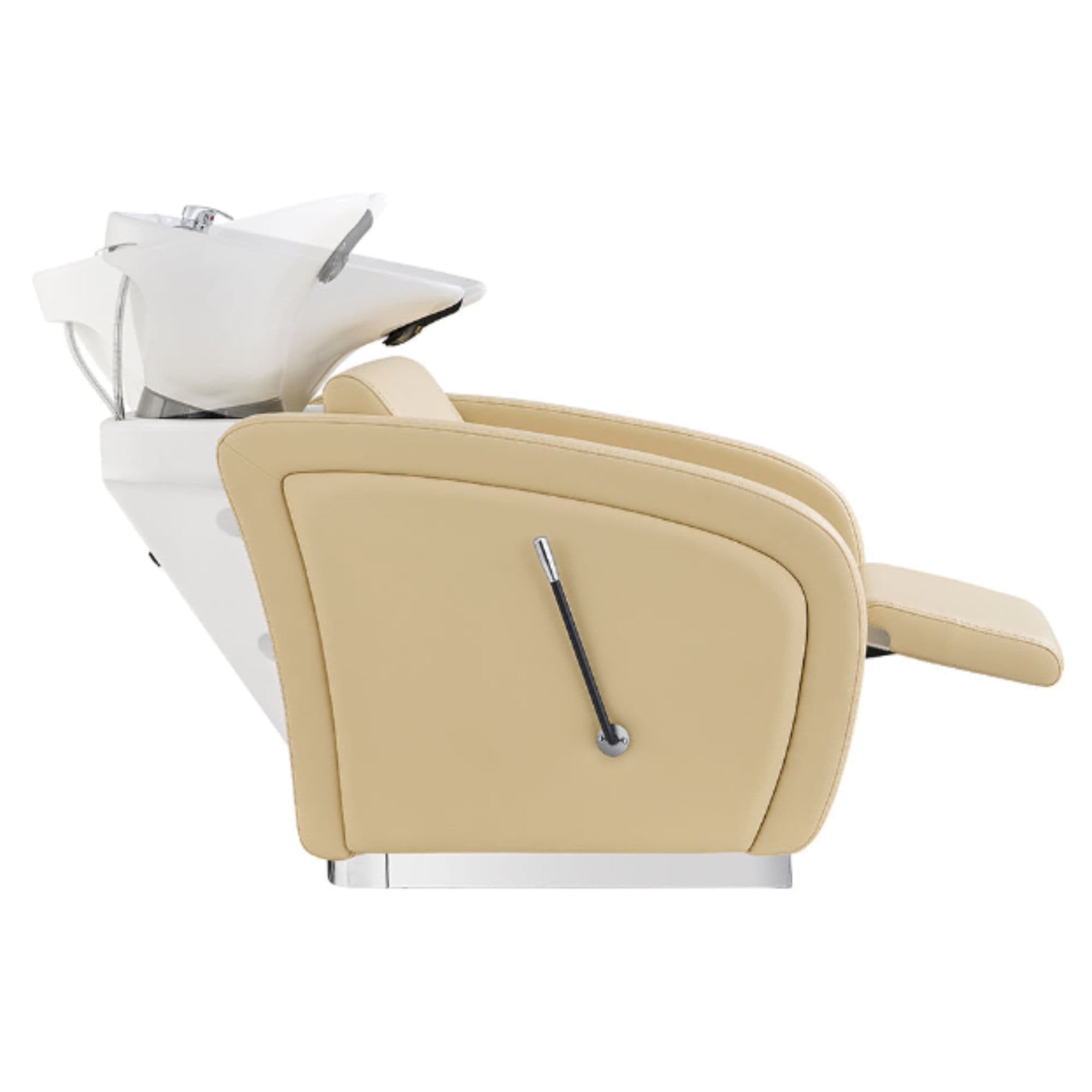 DIR Anode Adjustable Leg Shampoo Chair Beige Side View With Demo Of White Single Sink And Extended Leg Rest On Clean White Background
