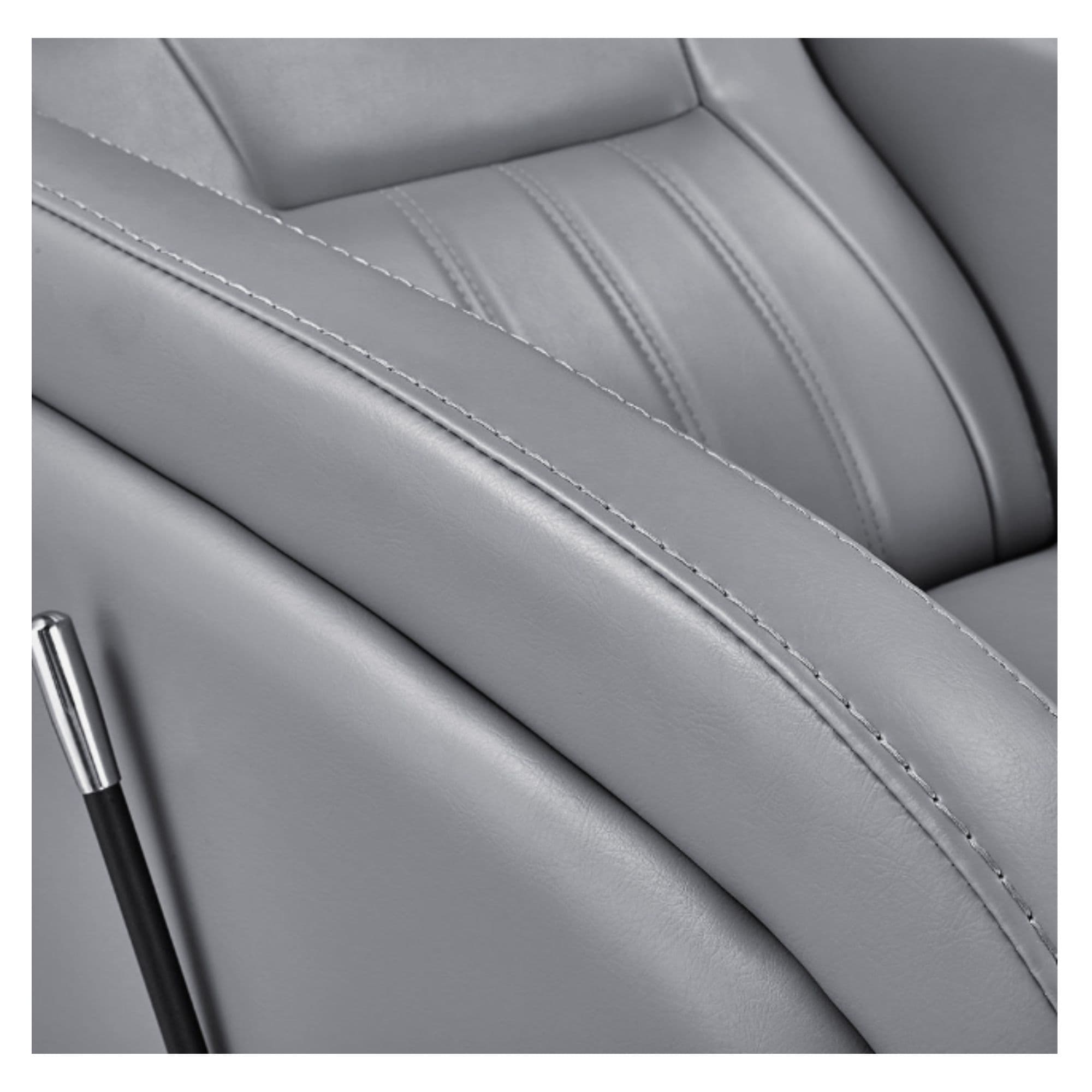 DIR Anode Adjustable Leg Shampoo Chair Close-Up View Of Gray Upholstered Armrest And Seat Stitching