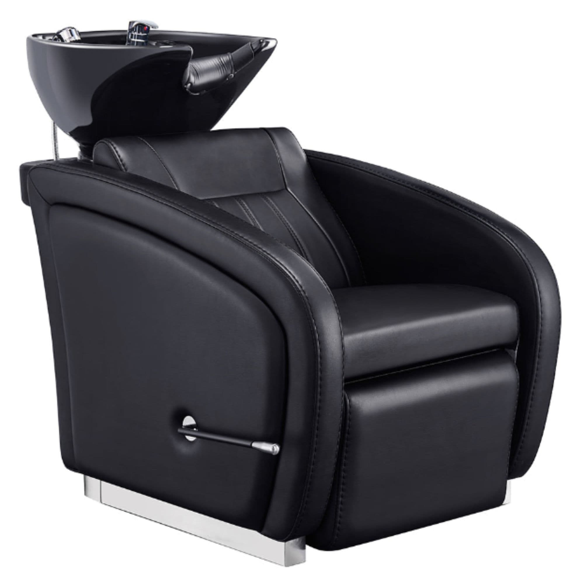 DIR Anode Salon Shampoo Chair with Adjustable Leg Black Front Angled View With  Black Single Wash Sink On Clean Background