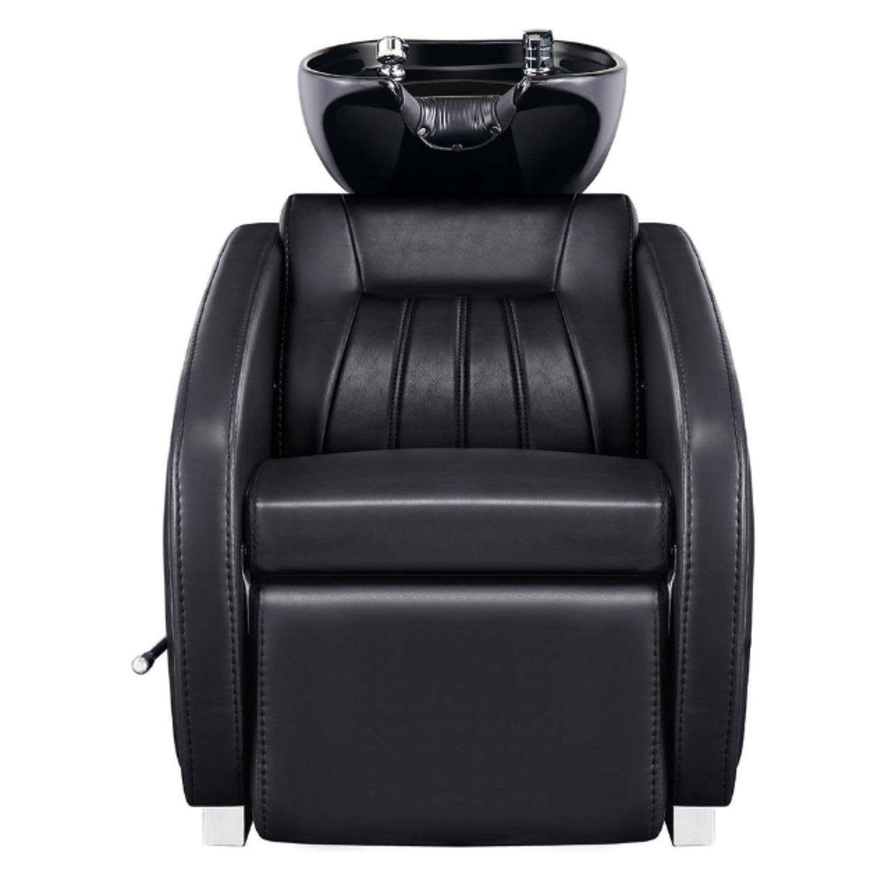 DIR Anode Salon Shampoo Chair with Adjustable Leg Black Front View With Black Single Wash Sink On Clean Background