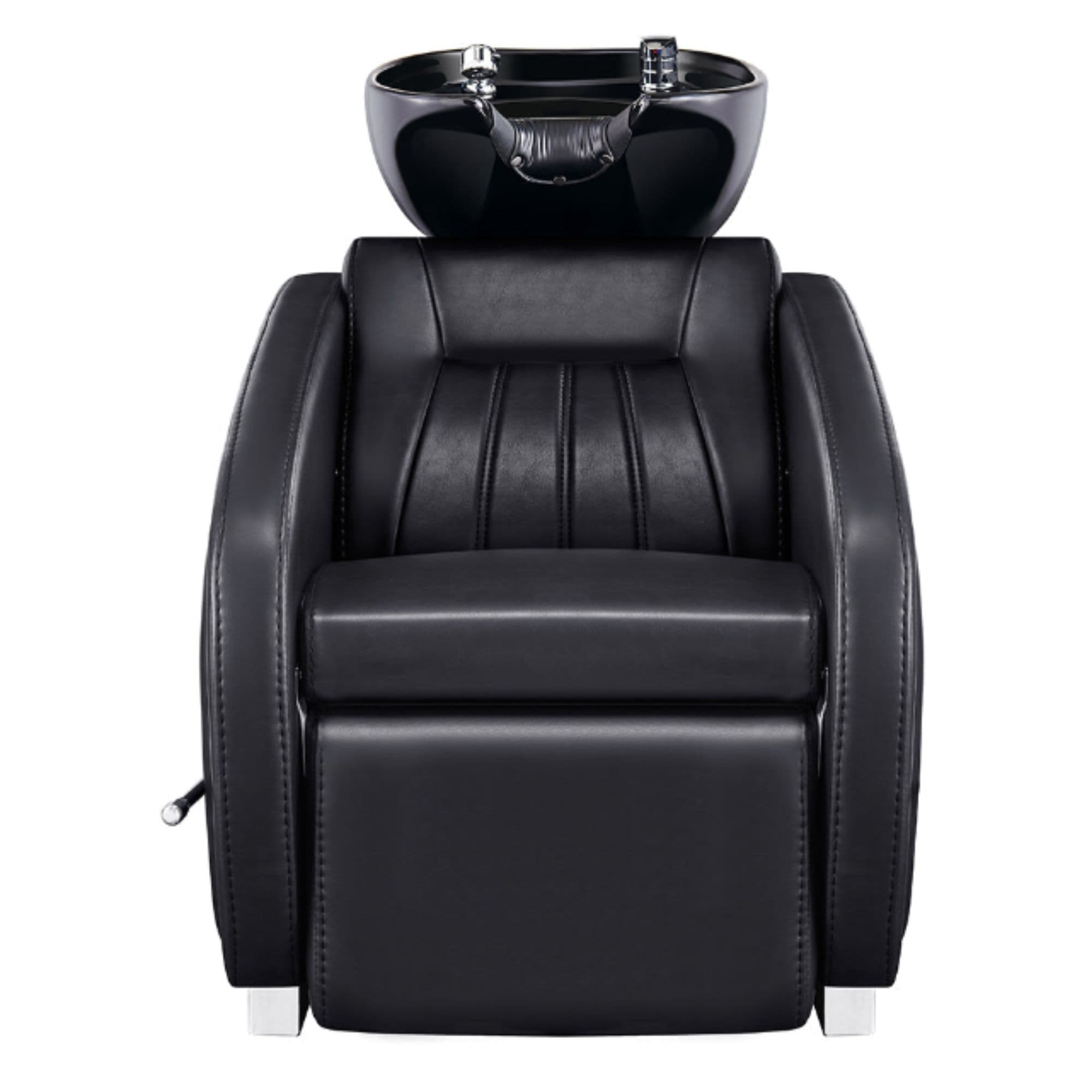 DIR Anode Salon Shampoo Chair with Adjustable Leg Black Front View With Black Single Wash Sink On Clean Background