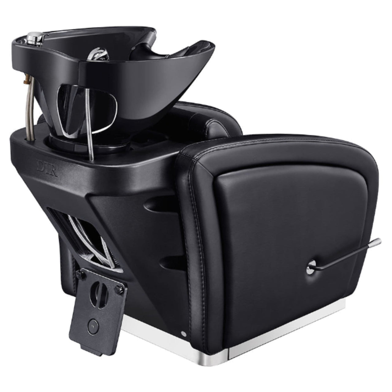 DIR Anode Salon Shampoo Chair with Adjustable Leg Black Rear View With Black Single Wash Sink Assembly On Clean Background