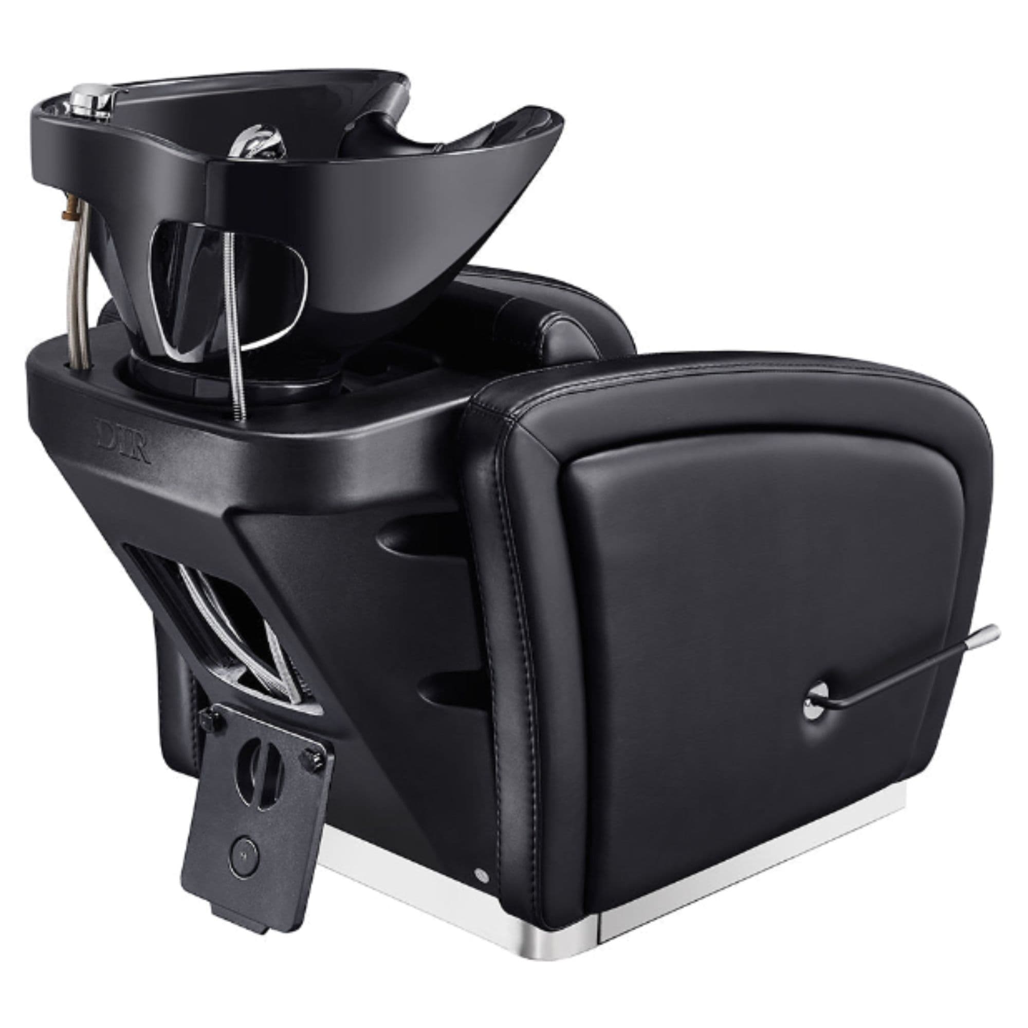 DIR Anode Salon Shampoo Chair with Adjustable Leg Black Rear View With Black Single Wash Sink Assembly On Clean Background