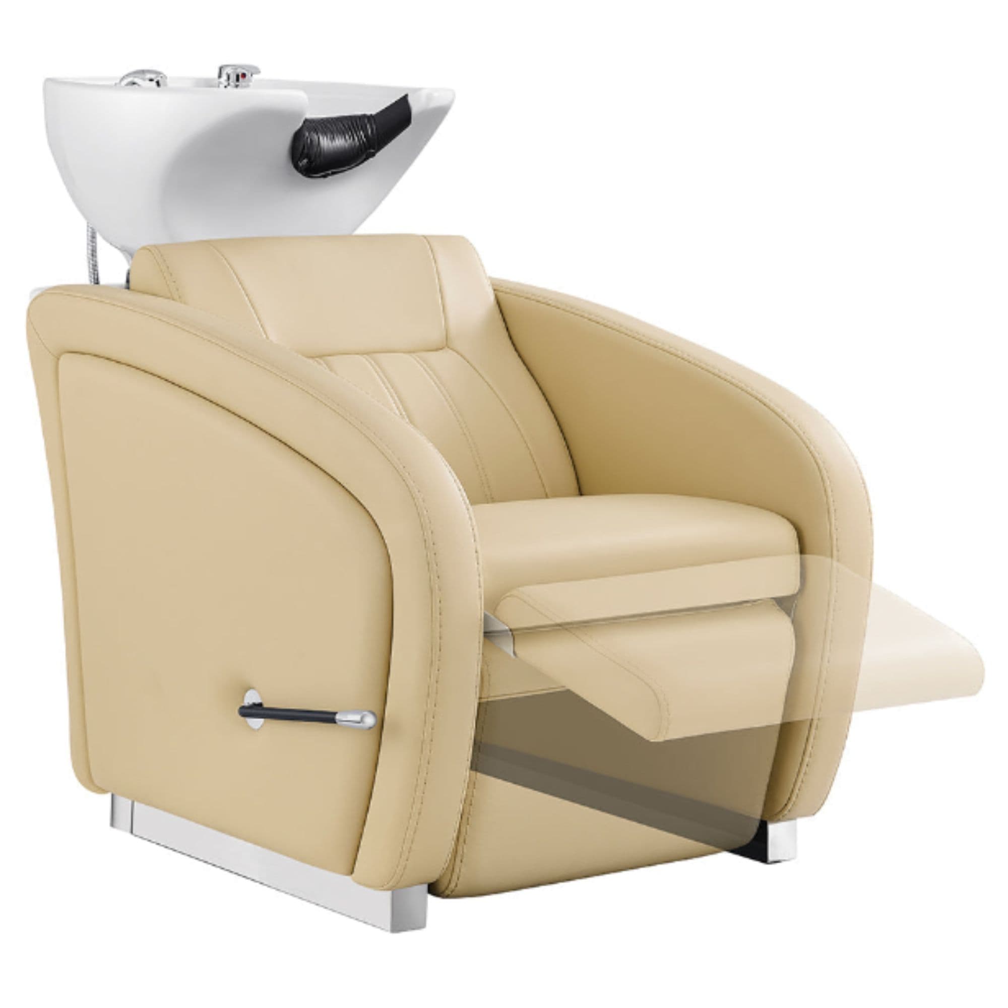 DIR Anode Salon Shampoo Chairs with Adjustable Leg Beige Front Angled View With White Single Sink And Demo Of Extended Leg Rest On Clean White Background