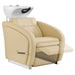 DIR Anode Salon Shampoo Chairs with Adjustable Leg Beige Front Angled View With White Single Sink And Demo Of Extended Leg Rest On Clean White Background