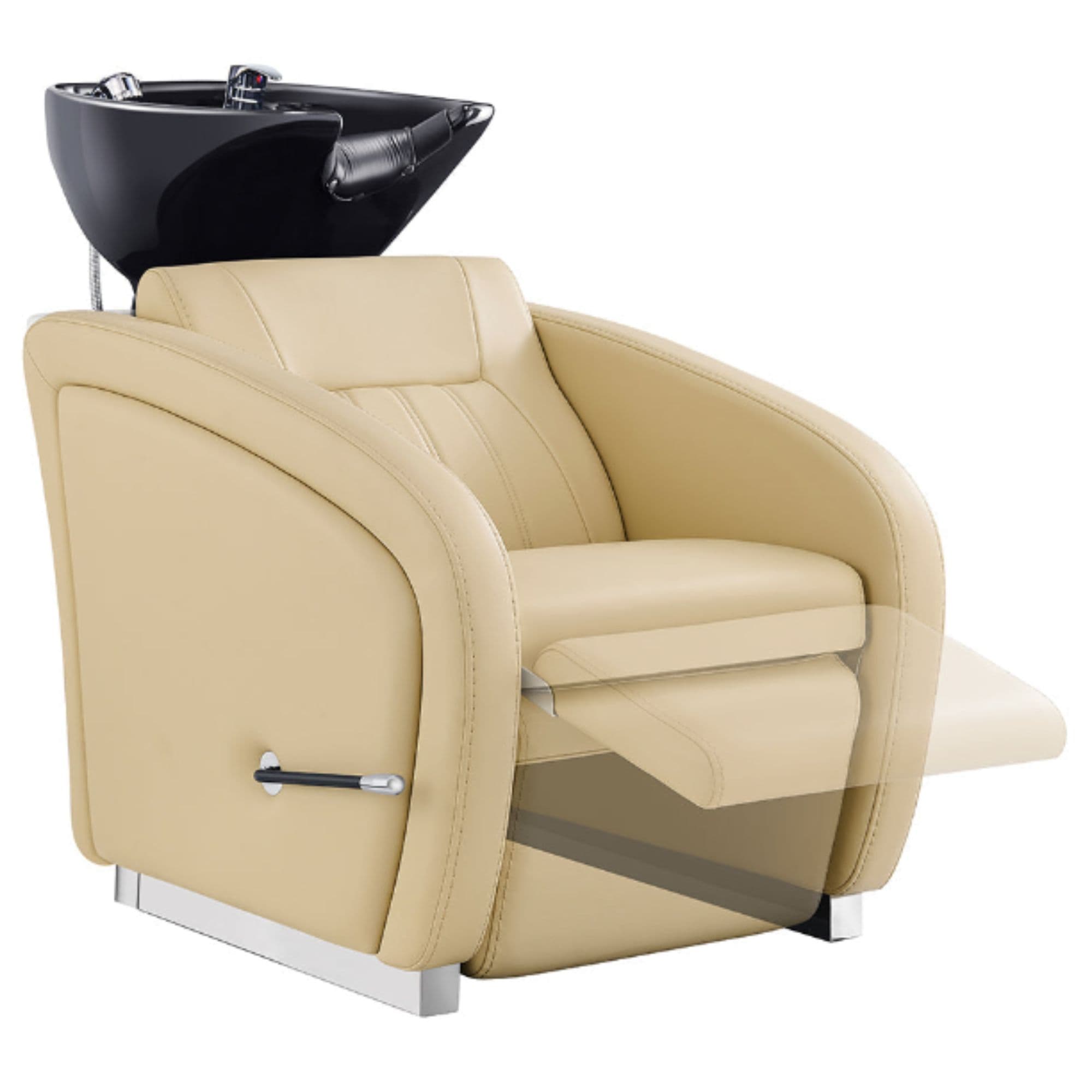 DIR Anode Salon Shampoo Chairs with Adjustable Leg Beige Front Angled View With White Single Sink And Extended Leg Rest Demo On Clean Background