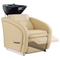 Thumbnail for DIR Anode Salon Shampoo Chairs with Adjustable Leg Beige Front Angled View With White Single Sink And Extended Leg Rest Demo On Clean Background