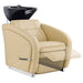 DIR Anode Salon Shampoo Chairs with Adjustable Leg Beige Front Angled View With White Single Sink And Extended Leg Rest Demo On Clean Background