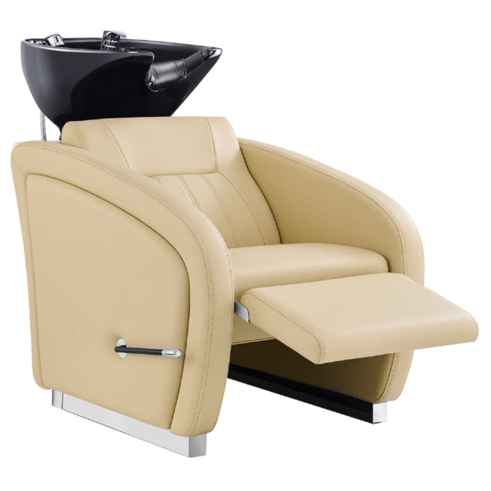 DIR Anode Salon Shampoo Chairs with Adjustable Leg Beige Front Angled View With White Single Sink And Extended Leg Rest On Clean Background