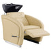 DIR Anode Salon Shampoo Chairs with Adjustable Leg Beige Front Angled View With White Single Sink And Extended Leg Rest On Clean Background