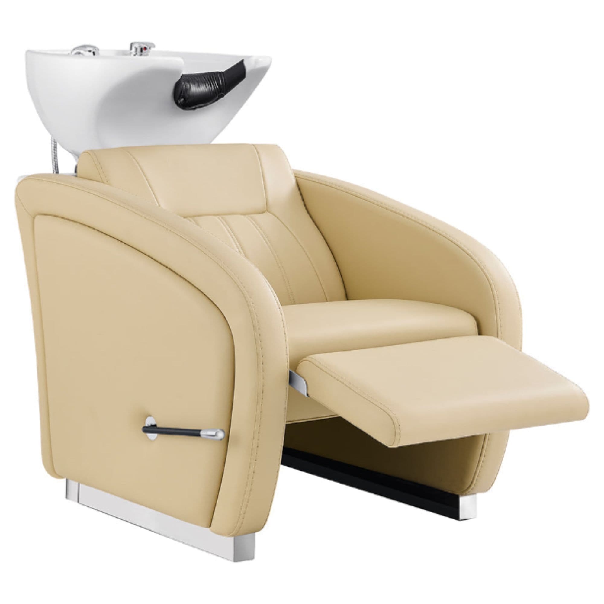 DIR Anode Salon Shampoo Chairs with Adjustable Leg Beige Front Angled View With White Single Sink And Extended Leg Rest On Clean White Background