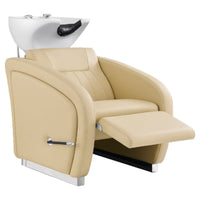 Thumbnail for DIR Anode Salon Shampoo Chairs with Adjustable Leg Beige Front Angled View With White Single Sink And Extended Leg Rest On Clean White Background