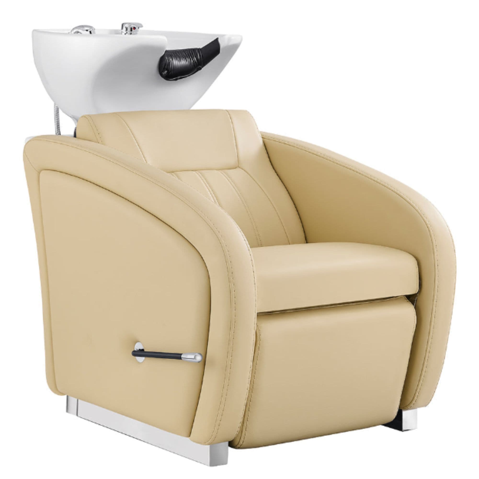 DIR Anode Salon Shampoo Chairs with Adjustable Leg Beige Front Angled View With White Single Sink On Clean White Background