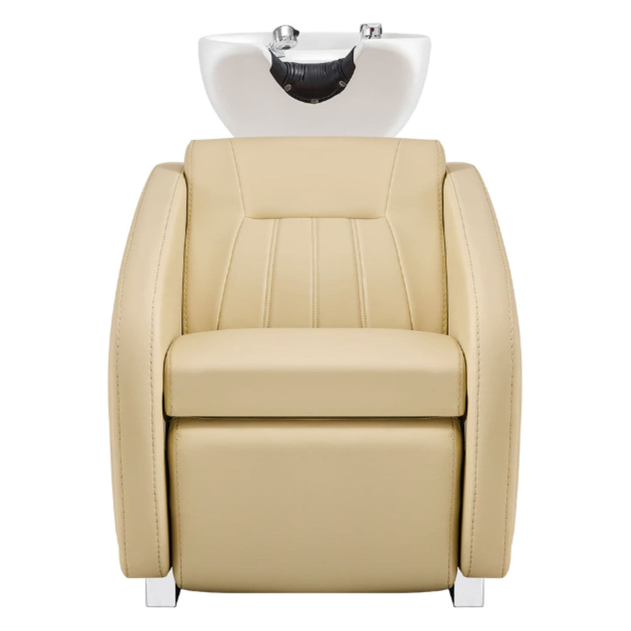 DIR Anode Salon Shampoo Chairs with Adjustable Leg Beige Front View With White Single Sink On Clean White Background