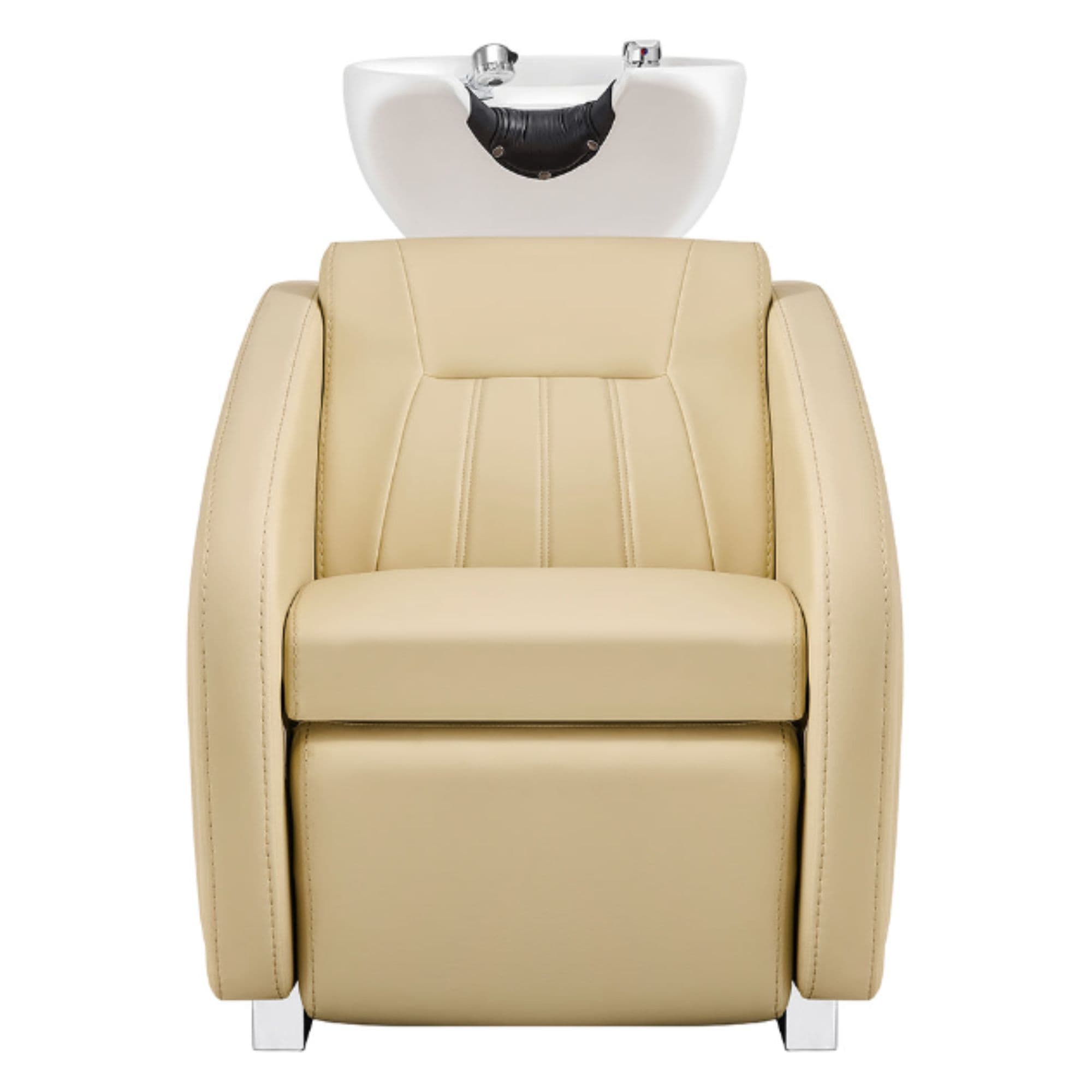 DIR Anode Salon Shampoo Chairs with Adjustable Leg Beige Front View With White Single Sink On Clean White Background