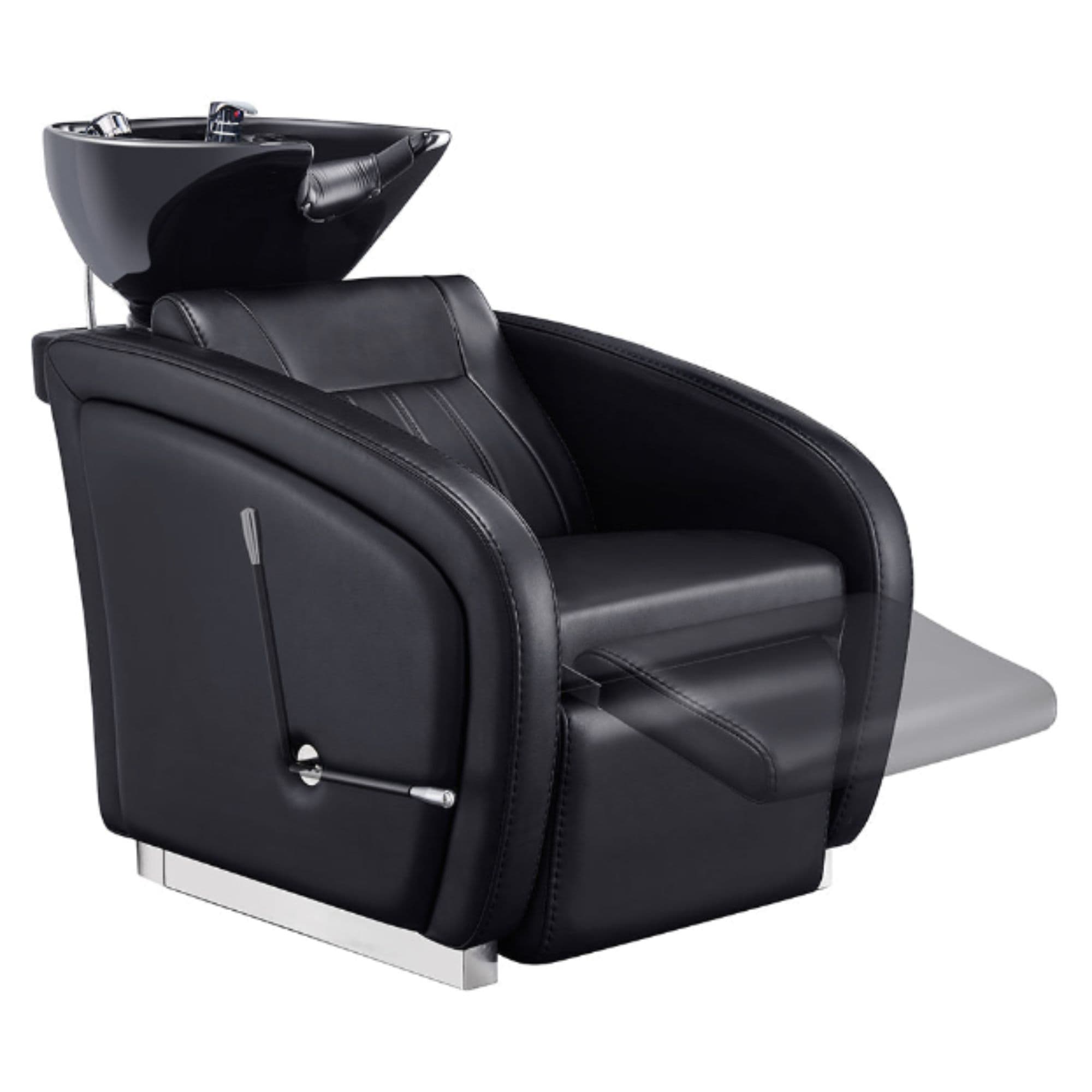 DIR Anode Salon Shampoo Chairs with Adjustable Leg Black Front Angled View With Black Single Sink  Station And Blurred Leg Rest Demonstration