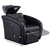 Thumbnail for DIR Anode Salon Shampoo Chairs with Adjustable Leg Black Front Angled View With Black Single Sink  Station And Blurred Leg Rest Demonstration