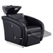 DIR Anode Salon Shampoo Chairs with Adjustable Leg Black Front Angled View With Black Single Sink  Station And Blurred Leg Rest Demonstration
