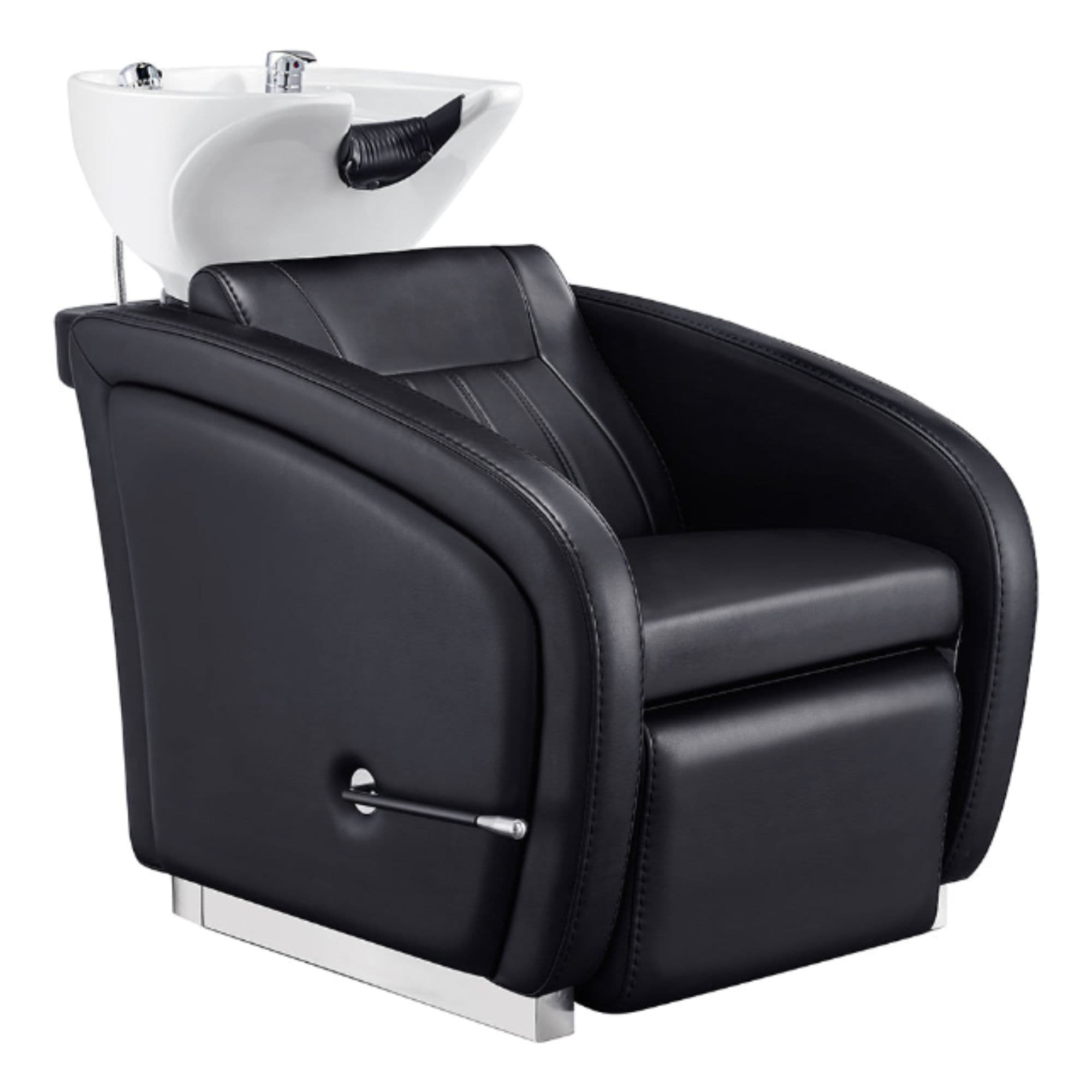 DIR Anode Salon Shampoo Chairs with Adjustable Leg Black Front Angled View With White Single Shampoo Wash Station