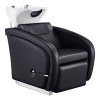 Thumbnail for DIR Anode Salon Shampoo Chairs with Adjustable Leg Black Front Angled View With White Single Shampoo Wash Station